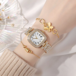 Elegant gold square dial watch set for women with butterfly and beaded bracelets