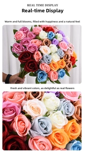 Detail of colorful artificial silk roses with layered petals and green stems for decor