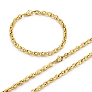 Polished gold stainless steel oval link chain necklace and bracelet set with lobster clasp