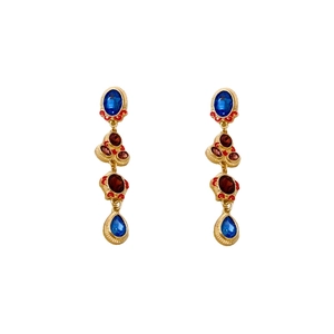 Vintage gold-plated chandelier earrings with navy and burgundy water-drop crystals