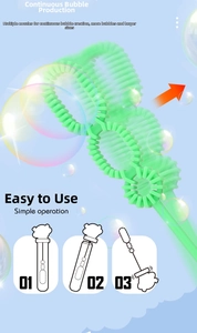 Close-up of a green multi-hole bubble wand with 3-step usage instruction diagrams