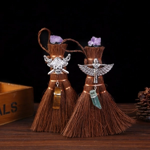 Mini Wicca hand-made palm broom with purple crystal and natural stones hanging decor