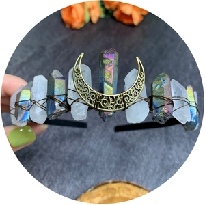Handmade rainbow aura crystal moon crown tiara with bronze wire wrapping for bridal hair