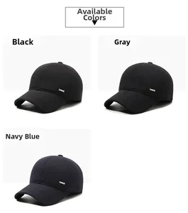 Winter wool baseball hats for men in black, grey, and navy blue with metal trim