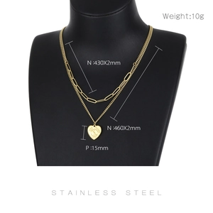 Detailed size chart for gold layered heart pendant necklace with dimensions and weight info