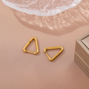 Minimalist 18K gold-plated stainless steel triangle earrings for women on a sleek pink surface
