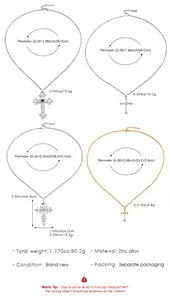 Tableau des tailles pour colliers croix gothiques avec dimensions et poids en alliage