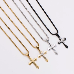 Punk style stainless steel cross pendants with box chains in gold, silver and black