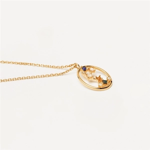 Detail of s925 silver zodiac necklace with colorful crystals and pearls on gold chain