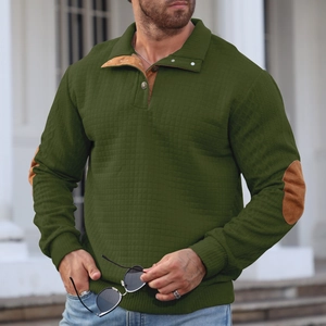Men's olive waffle knit polo jacket with brown elbow patches and buttoned collar