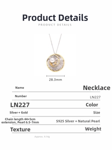 Detail view of S925 silver necklace with a 6.5-7mm natural pearl and diamond pendant