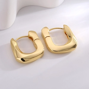Minimalist polished gold plated asymmetric square hoop earrings for women on white