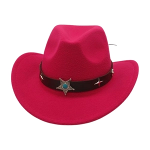 Detail of rose red felt cowboy hat featuring a black leather band and silver star buckle