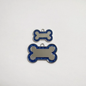 Zinc alloy bone-shaped dog ID tag with blue glitter finish in two different sizes