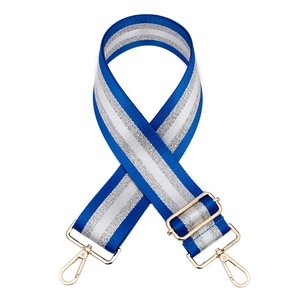 Adjustable royal blue and glitter silver striped bag strap with gold metal hardware