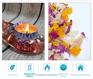 Detail of bohemian tin scented candle with burning wick and dry flower petals