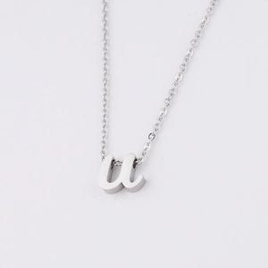 Vue détaillée d'un collier en acier inoxydable argenté avec un pendentif lettre 'u' minuscule