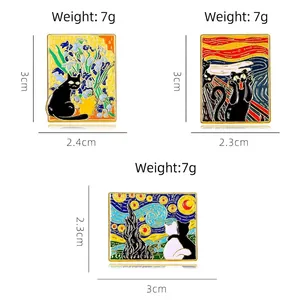 Three enamel pins featuring Van Gogh oil painting styles with artistic cat motifs