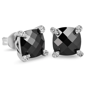 8mm square hip-hop stud earrings with black stones and silver-tone claw setting