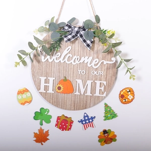 Welcome To Our Home Door Sign Round Wooden Hanging With Interchangeable Icons Seasonal Holiday Rustic Farmhouse Decor