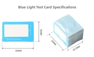 Blue anti-blue light test card for eyewear with precise 60x38mm dimensions and stacked view