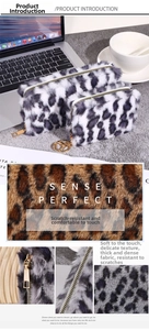 Detail of soft leopard print faux fur pouch with metal zipper and ring pull handle