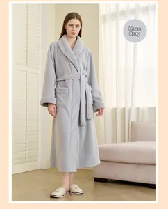 Haze grey thick fleece bathrobe with light grey contrast lapel and waist belt detail