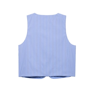 Rear view of light blue and white vertical striped vest top in woven fabric