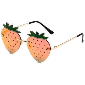 Funny strawberry shaped rimless sunglasses with orange gradient lenses and gold metal temples