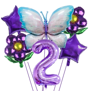 Blue and pink butterfly foil balloon set with purple number 2 for party decoration