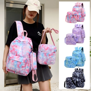 Three-piece school backpack set with tie-dye galaxy print in pink, blue and purple
