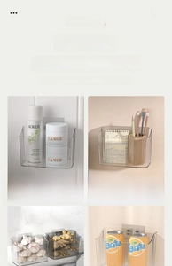Close-up of wall-mounted clear storage box showing grooved texture and multi-use scenarios