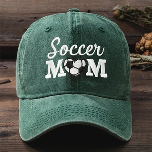 Vintage dark green washed cotton baseball cap with Soccer MOM heart football embroidery
