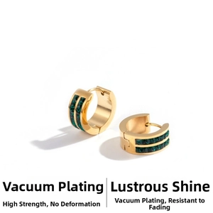 Macro shot of gold stainless steel earrings with double rows of green zircon stones