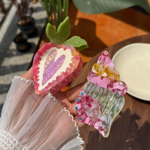 Pince À Cheveux En Acétate Fraise Coquille Forme Avec Strass Motif Coeur Accessoires Cheveux Femme