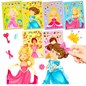 Detalle de pegatinas de princesas DIY con rasgos faciales y accesorios para decorar