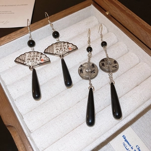 New Chinese style ink painting fan earrings with black teardrop pendants and silver hooks