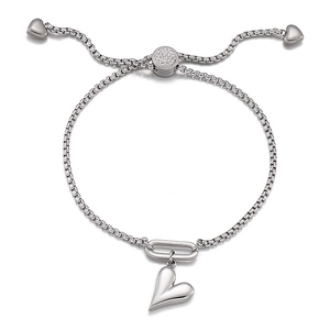 Adjustable silver stainless steel box chain bracelet featuring a heart pendant with stones