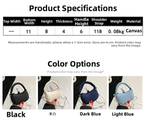 Detailed size chart for the mini canvas crossbody bag with chain strap and handle