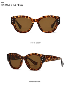 Front and side views of oval tortoiseshell sunglasses with tea lenses and silver studs