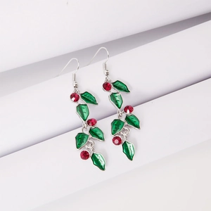 Elegant Christmas holly leaf drop earrings with green enamel and red crystal accents