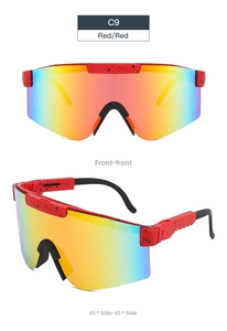 Detail view of model C9 matte red frame sports sunglasses with colorful coated lenses