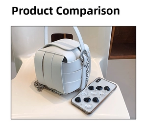 Size comparison of a white woven cube handbag with a smartphone and silver chain