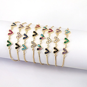 Adjustable gold bracelets with colorful heart-shaped cubic zirconia charms