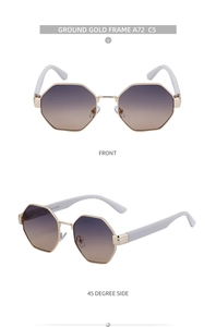 Front and 45-degree side view of polygon gold metal sunglasses with purple gradient lenses