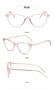 Three-way view of pink cat-eye frame glasses showing texture and gold metal temples