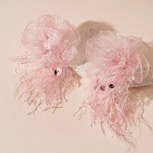 Pink lace flower earrings with long tassels and black sequins for summer vacation