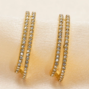 Double row gold plated stainless steel hoop earrings with sparkling crystal pavé stones