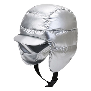 Glossy silver metallic quilted trapper hat with ear flaps and adjustable chin strap