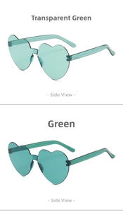 Side view of heart-shaped sunglasses in transparent green and dark green colors